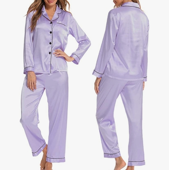 NEW LAVENDER SILKY LONG PAJAMA SET - Picture 4 of 5
